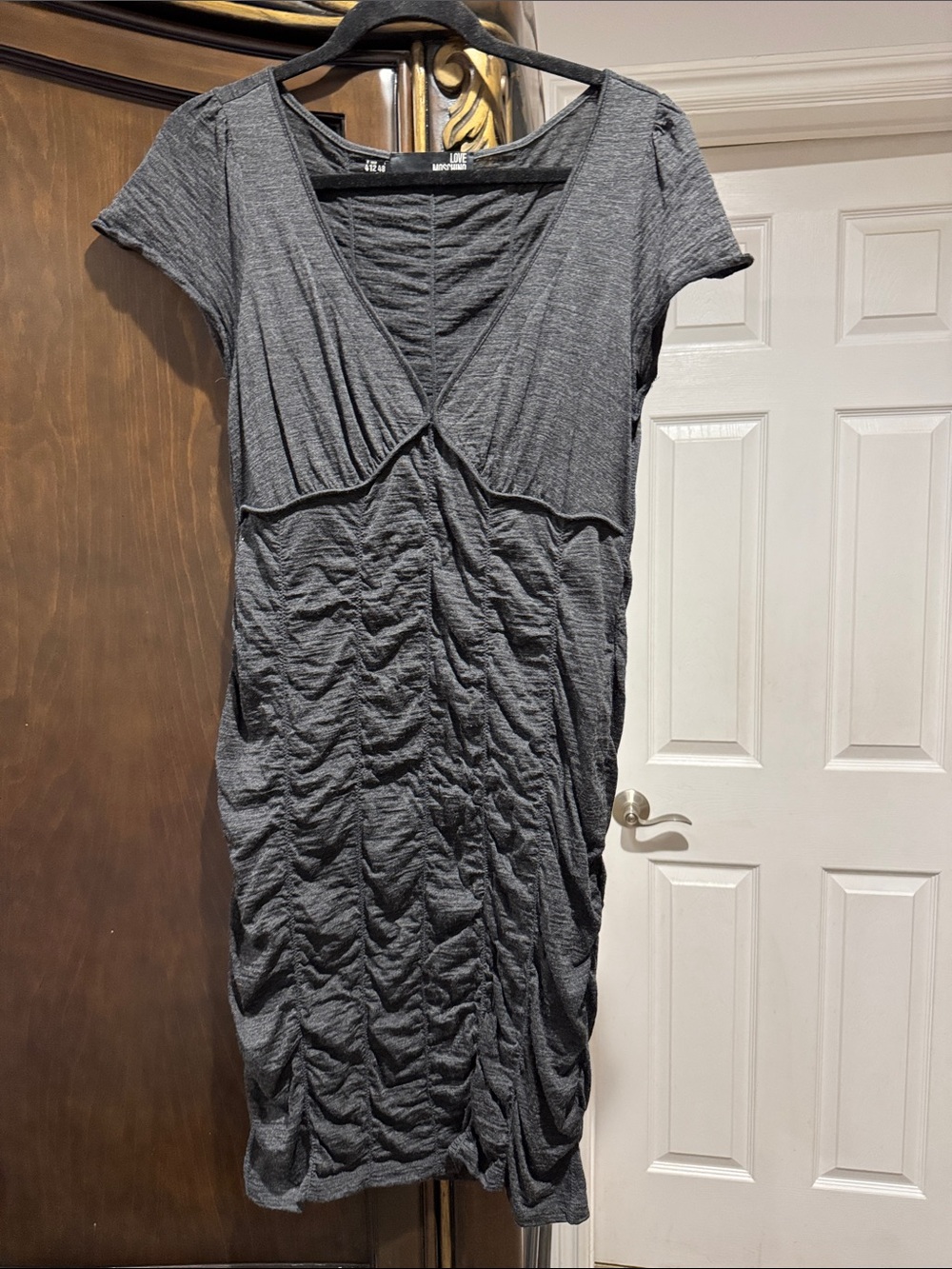 Moschino Gray Ruched V-Neck Midi Dress size 12